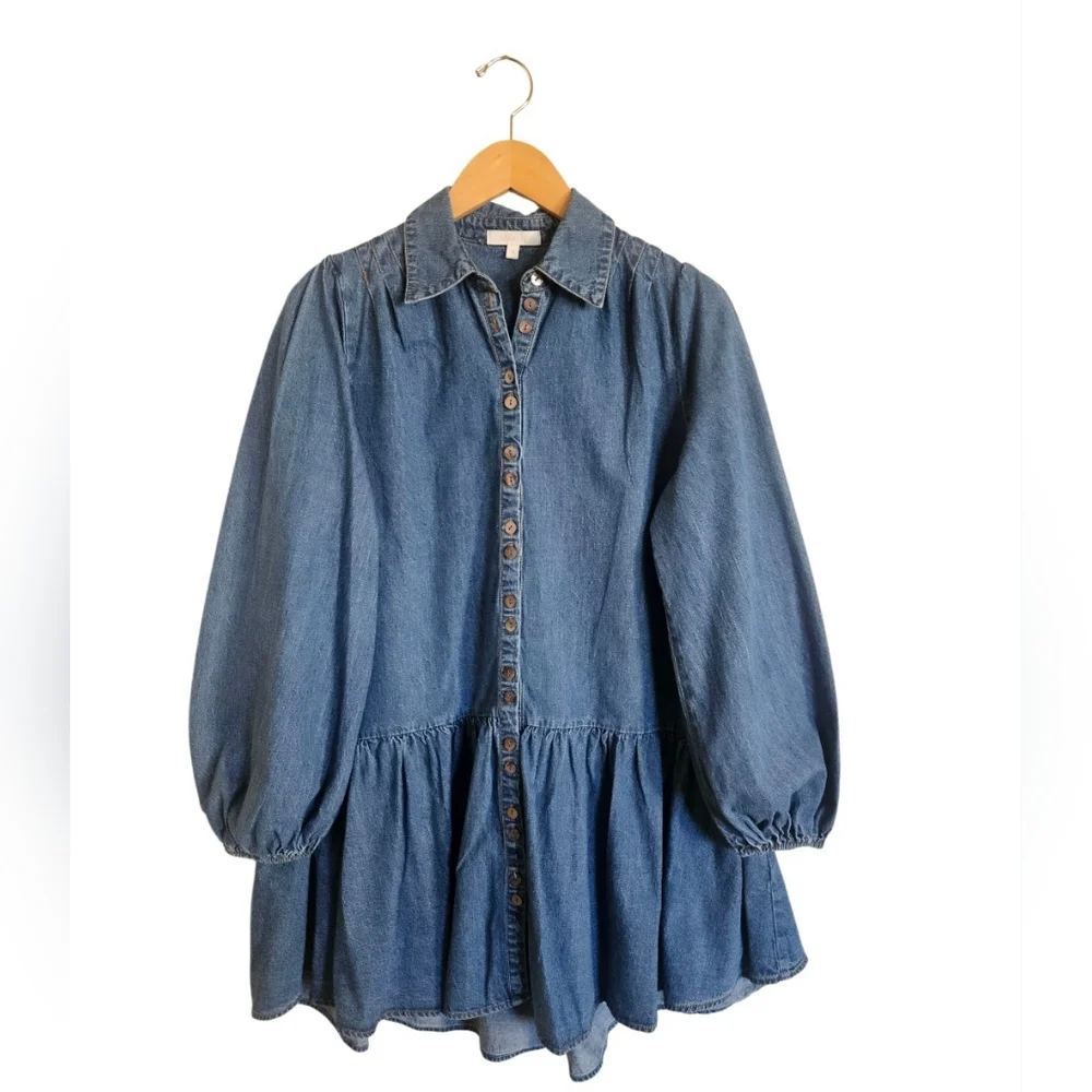 Maven Women's Blue Denim Puff Sleeve Button-down Babydoll Dress Size M